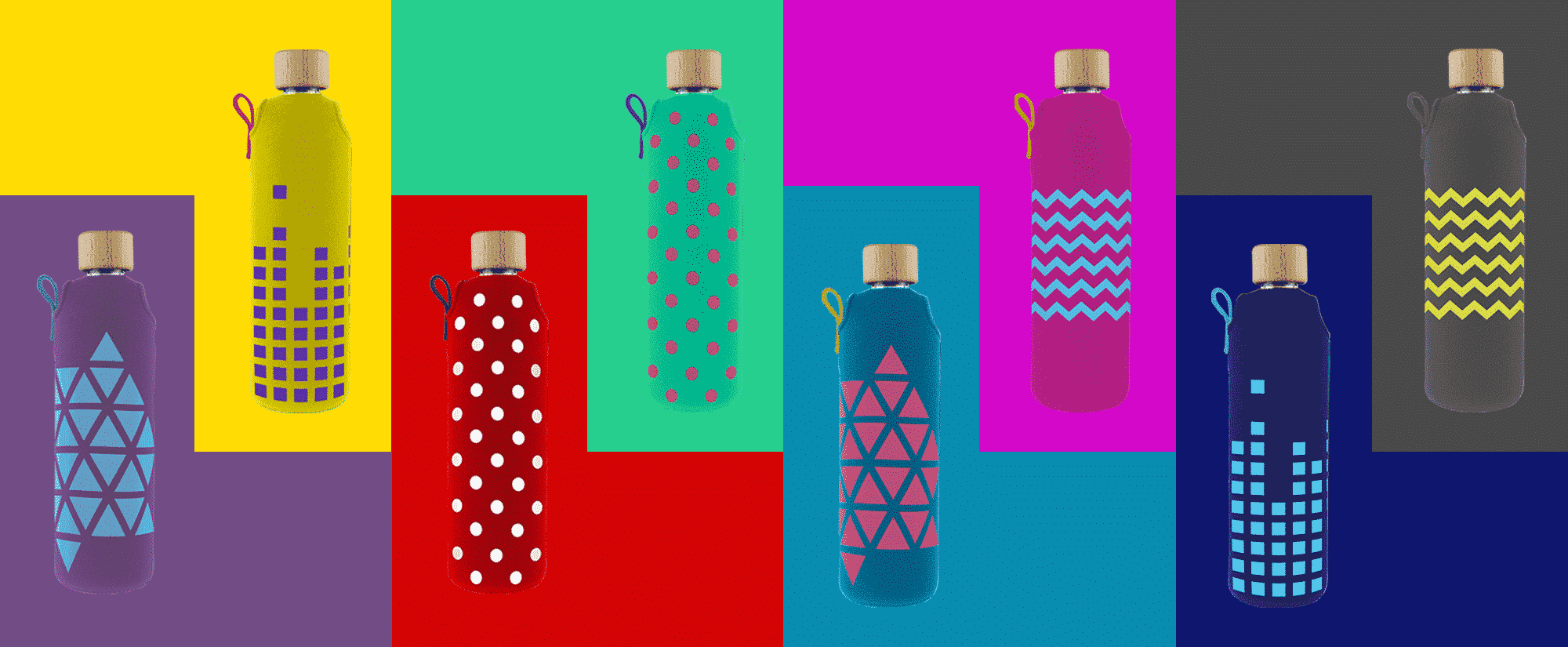 Skleněné láhve na pití v barevném neoprenovém obalu