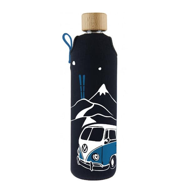 Skleněná láhev na pití v neoprenovém obalu Drinkit modrá hory autobus 300 ml